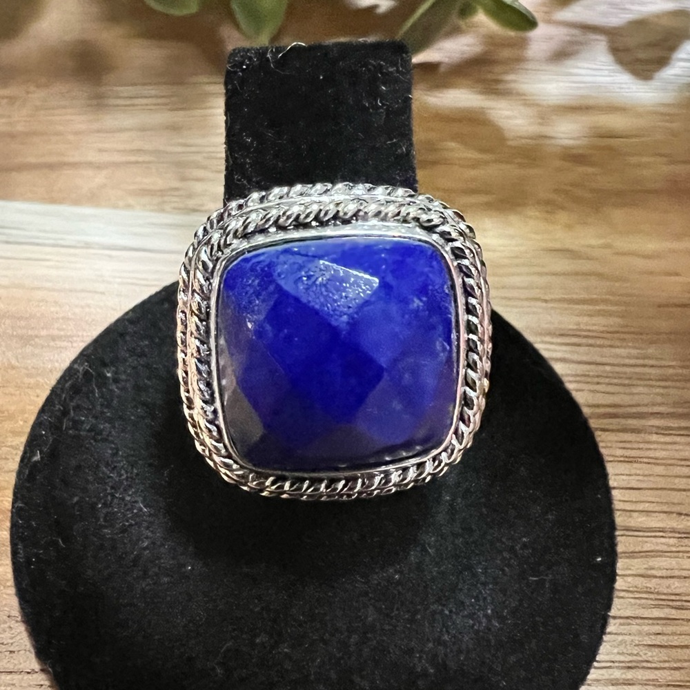 15X15MM SQUARE CUSHION LAPIS LAZULI STERLING SILVER SOLITAIRE RING Size: 7